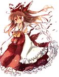  bow brown_hair detached_sleeves gohei hair_bow hakurei_reimu hara_yui long_hair red_eyes simple_background sleeves_past_wrists solo touhou wide_sleeves 