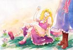  alice_margatroid blonde_hair braid flower grin hands kirisame_marisa multiple_girls one_eye_closed shiroaisa smile touhou traditional_media watercolor_(medium) waving 