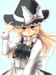  :/ bad_id bad_pixiv_id blonde_hair blush bow braid hair_bow hand_on_headwear hat jitome kakkou kirisame_marisa long_sleeves solo touhou witch_hat yellow_eyes 