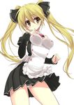  blonde_hair blush dream_c_club dream_c_club_(series) hair_ribbon hands long_hair mian_(dream_c_club) panties ribbon simple_background solo twintails underwear upskirt yellow_eyes yukiwo 