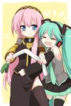  =_= hatsune_miku highres long_hair megurine_luka multiple_girls smile spring_onion tears thighhighs usashiro_mani very_long_hair vocaloid zettai_ryouiki 