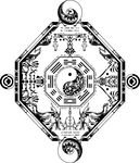  ba_gua blazblue blazblue_insignia crest greyscale highres litchi_faye_ling monochrome no_humans official_art trigram yin_yang 