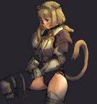  animal_ears armor black_legwear blonde_hair blush branch_(blackrabbits) buckle cat_ears cat_tail final_fantasy final_fantasy_xi hairband mithra solo tail thighhighs 