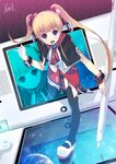  black_legwear blonde_hair dice earth garter_straps handheld_game_console highres kendo_(artist) minigirl nintendo_dsi original oversized_object red_eyes solo space stylus thighhighs through_screen twintails 