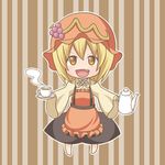  aki_minoriko azuma_takeshi_(andon_kandelaar) blonde_hair chibi cup fang hat lowres short_hair solo teacup teapot touhou yellow_eyes 