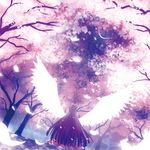  air cherry_blossoms dinyc dutch_angle feathered_wings from_behind kannabi_no_mikoto long_hair lowres purple_hair solo very_long_hair wings 