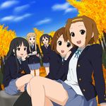  akiyama_mio autumn bad_id bad_pixiv_id black_eyes black_hair blonde_hair brown_eyes brown_hair hirasawa_yui k-on! kotobuki_tsumugi long_hair multiple_girls nakano_azusa namine0079 pantyhose school_uniform short_hair tainaka_ritsu tea_set tree 