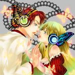  1girl bad_id bad_pixiv_id beatrice blonde_hair blue_eyes bug butterfly butterfly_hair_ornament choker eye_contact face-to-face hair_ornament headset insect looking_at_another magnet_(vocaloid) parody red_hair umineko_no_naku_koro_ni ushiromiya_battler vocaloid wehip 