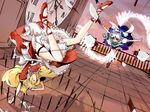  bad_id bad_pixiv_id bakenekomata battle blonde_hair braid clock danmaku duel fighting frills high_heels izayoi_sakuya knife long_hair magic_circle maid maid_headdress multiple_girls ribbon roman_numerals shoes short_hair silver_hair skirt thigh_strap throwing_knife touhou touhou_(pc-98) upside-down weapon yumeko 