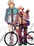  axis_powers_hetalia bicycle blonde_hair blue_eyes fingerless_gloves finland_(hetalia) glasses gloves ground_vehicle ishizaki_miwako lowres male_focus multiple_boys scarf sweden_(hetalia) waving 