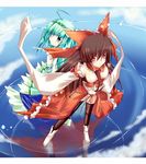  2girls bow brown_hair detached_sleeves frog green_eyes green_hair hair_ornament hakurei_reimu kochiya_sanae long_hair multiple_girls red_eyes sesield snake thighhighs touhou 