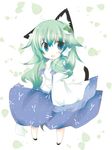  animal_ears bad_id bad_pixiv_id blush cat_ears cat_tail detached_sleeves fang frog gohei green_eyes green_hair hair_ornament kemonomimi_mode kochiya_sanae kurata_yumi leaf leaf_background long_hair looking_at_viewer open_mouth snake solo tail touhou 