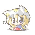  alternate_costume aoblue blonde_hair blue_eyes chibi hat long_sleeves multiple_tails pillow_hat short_hair sleeves_past_wrists solo tail touhou white_background yakumo_ran 