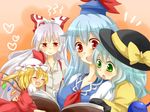  bad_id bad_pixiv_id blonde_hair blue_hair bow flandre_scarlet fujiwara_no_mokou green_eyes hair_bow hair_ribbon hat kamishirasawa_keine komeiji_koishi long_hair multiple_girls one_side_up red_eyes ribbon short_hair silver_hair stage_connection suspenders touhou wings zawameki 