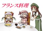  azuma_takeshi_(andon_kandelaar) bat_wings blonde_hair blue_eyes blue_hair bow braid china_dress chinese_clothes dress eating fang flandre_scarlet food hair_bow hat hong_meiling long_hair multiple_girls omurice pun red_eyes red_hair remilia_scarlet short_hair touhou translated twin_braids vampire wings 