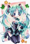  bad_id bad_pixiv_id blue_eyes cosplay detached_sleeves green_hair hatsune_miku hatsune_miku_(cosplay) headphones headset hiiragi_kagami long_hair lucky_star marker_(medium) microphone pastel_(medium) solo spring_onion thighhighs traditional_media twintails vocaloid yuhka 