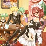  3boys ayuko_(ayuco) bad_id bad_pixiv_id black_legwear blue-eyes_white_dragon brown_eyes choker duel_monster eating flower formal fudou_yuusei izayoi_aki jack_atlas kaiba_seto lua luca_(yuu-gi-ou) maid multiple_boys multiple_girls red_hair rose short_hair suit thighhighs yuu-gi-ou yuu-gi-ou_5d's yuu-gi-ou_duel_monsters 