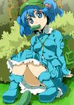  blue_eyes blue_hair cucumber hair_bobbles hair_ornament hat kawashiro_nitori sexually_suggestive short_hair solo toudori touhou twintails two_side_up 