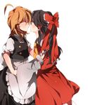  ahoge bad_id bad_pixiv_id black_hair blonde_hair blush bow closed_eyes detached_sleeves hair_bow hakurei_reimu holding_hands imminent_kiss kirisame_marisa multiple_girls ren_(zero_second) simple_background touhou yuri 