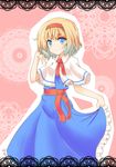  absurdres adjusting_hair alice_margatroid blonde_hair blue_eyes capelet doily fuguno gradient_hair hairband highres lace_background multicolored_hair short_hair skirt skirt_lift smile solo touhou 