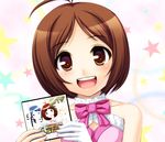  antenna_hair bad_id bad_pixiv_id bare_shoulders brown_hair cute_&amp;_girly_(idolmaster) gloves hidaka_ai idolmaster idolmaster_dearly_stars open_mouth red_eyes short_hair smile solo totokichi video_game 