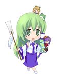  azuma_takeshi_(andon_kandelaar) blonde_hair detached_sleeves eyes frog green_eyes green_hair hair_ornament hat highres kochiya_sanae long_hair moriya_suwako multiple_girls purple_hair rope short_hair snake touhou yasaka_kanako 