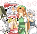  4girls anger_vein ariyoshi_gen bad_id bad_pixiv_id blonde_hair braid brown_hair commentary demon_girl demon_wings fang flandre_scarlet flower hair_ribbon hairband hand_on_another's_face hand_on_shoulder hands_on_own_face hat hong_meiling izayoi_sakuya lavender_hair long_hair maid maid_headdress multiple_girls no_eyes no_nose pregnant remilia_scarlet ribbon short_hair silver_hair star sweat touhou twin_braids wings yuri 
