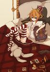  alice_(wonderland) alice_in_wonderland bad_id bad_pixiv_id bed blonde_hair blue_eyes cheshire_cat feet fuurin_(omaemona) gun legs long_hair lying panties solo striped striped_legwear striped_panties thighhighs underwear watch weapon wristwatch 