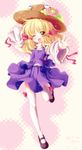  2009 ;d ^_^ blonde_hair closed_eyes dress flower foreshortening halftone halftone_background hand_on_headwear hat highres mary_janes moriya_suwako north_abyssor one_eye_closed open_mouth outstretched_arm outstretched_hand shoes smile solo thighhighs touhou white_legwear 