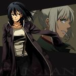  428 alphard amputee androgynous black_hair brown_eyes canaan canaan_(character) coat jacket mouth_hold multiple_girls ponytail rex_k spoilers suspenders white_hair 