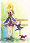  arm_warmers bird blonde_hair crow green_eyes kaenbyou_rin kaenbyou_rin_(cat) mizuhashi_parsee pointy_ears reiuji_utsuho reiuji_utsuho_(bird) shiroaisa touhou traditional_media watercolor_(medium) 