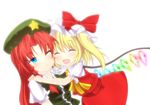  :d ^_^ bad_id bad_pixiv_id blonde_hair blue_eyes braid china_dress chinese_clothes closed_eyes dress fang flandre_scarlet happy hat highres hong_meiling hug kiyomin long_hair multiple_girls one_eye_closed one_side_up open_mouth ponytail red_hair short_hair smile touhou twin_braids wings 