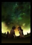  1girl araragi_koyomi bakemonogatari couple forest from_behind from_ground hedge_(artist) hetero highres imminent_kiss monogatari_(series) nature night night_sky senjougahara_hitagi sky star_(sky) starry_sky 