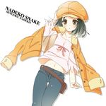  bakemonogatari black_hair blush brown_eyes cabbie_hat dutch_angle hat jacket jacket_on_shoulders jikunyaga midriff monogatari_(series) navel pouch sengoku_nadeko solo thigh_gap 