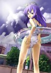  ass bad_id bad_pixiv_id hat hidebo hinanawi_tenshi innertube long_hair one-piece_swimsuit purple_eyes purple_hair solo swimsuit touhou 