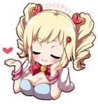  animated animated_gif bangs blonde_hair blue_eyes bow bracelet breasts chikkuru cleavage drill_hair food fruit gaia_online hair_ornament hairclip heart jewelry large_breasts lowres smile solo strawberry 