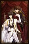  bangs black_border black_cape boots border brown_hair buttons cape closed_mouth code_geass collarbone crossed_legs curtains expressionless gloves green_eyes hair_between_eyes hand_up head_tilt highres holding_hands jyuru knee_boots kururugi_suzaku lelouch_lamperouge long_sleeves looking_at_viewer male_focus multiple_boys purple_eyes sitting sleeves_past_wrists smile standing throne uniform white_footwear white_gloves 