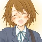  blush brown_hair closed_eyes hair_ornament hairclip happy hirasawa_yui k-on! open_mouth school_uniform seri_natsume short_hair solo 