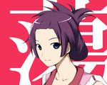  alternate_hairstyle bakemonogatari blue_eyes forehead hair_up high_ponytail maetaka monogatari_(series) purple_hair senjougahara_hitagi smile solo 