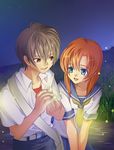  1girl 3rdmoon-s blue_eyes brown_eyes brown_hair fireflies higurashi_no_naku_koro_ni maebara_keiichi red_hair ryuuguu_rena school_uniform 