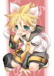  animal_ears aqua_eyes blonde_hair blush cat_ears cat_tail commentary_request detached_sleeves headphones hekicha kagamine_len licking male_focus musical_note necktie shorts solo tail tongue vocaloid yellow_neckwear 