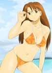  adjusting_eyewear azumanga_daiou bikini breasts brown_eyes brown_hair cleavage curvy glasses large_breasts long_hair midriff mizuhara_koyomi navel ocean plump shu-z skindentation solo swimsuit underboob 