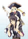  1girl bad_id bad_pixiv_id blonde_hair boots braid carrying child green_eyes hands hat legs long_hair mattaku_mousuke open_mouth patty_fleur pirate_hat shoulder_carry sitting sitting_on_person tales_of_(series) tales_of_vesperia twin_braids yuri_lowell 