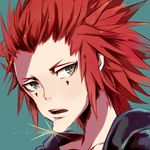  axel_(kingdom_hearts) black_coat_(kingdom_hearts) chin close-up collarbone face facepaint facial_mark glint green_background green_eyes kingdom_hearts looking_at_viewer lowres male_focus pinko_(inazume-panko) red_hair simple_background solo sparkle spiked_hair upper_body 