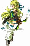 :d black_gloves blue_bow boots bow bow_(weapon) elbow_gloves elsword fingerless_gloves full_body gloves green_eyes green_hair hair_bow half_updo long_hair official_art open_mouth pointy_ears profile rena_(elsword) ress skirt smile sniping_ranger_(elsword) solo thigh_boots thighhighs weapon white_background white_footwear 