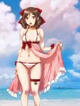  1girl alternate_costume anchor bikini blue_sky bow breasts brown_hair cloud cloudy_sky destroyer drill_hair eyebrows_visible_through_hair hair_between_eyes hair_bow harukaze_(kantai_collection) kantai_collection looking_at_viewer military military_vehicle navel ocean red_bow red_eyes sameha_ikuya ship sky small_breasts solo swimsuit twin_drills warship watercraft 