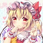  blonde_hair flandre_scarlet hat heart looking_at_viewer mob_cap orange_eyes pinky_out riichu smile solo touhou wings wrist_cuffs 