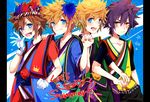  :d black_hair blonde_hair blue_background blush brown_hair clenched_hand collarbone commentary_request english gloves holding_hands interlocked_fingers japanese_clothes kimono kingdom_hearts looking_at_viewer male_focus multiple_boys open_mouth pillarboxed pinko_(inazume-panko) pom_pom_(clothes) roxas simple_background smile sora_(kingdom_hearts) spiked_hair spoilers upper_body vanitas ventus yellow_eyes yukata 