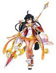  ahoge ara_han black_hair braid elsword french_braid full_body long_hair low-tied_long_hair miniskirt official_art orange_skirt pantyhose polearm sakra_devanam_(elsword) sando_(artist) sheer_legwear shirt shoes skirt smile solo spear standing thigh_gap transparent_background weapon white_footwear yellow_eyes 