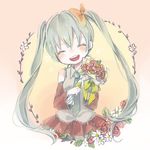  :d ^_^ aqua_hair blush bouquet bow closed_eyes collared_shirt dated detached_sleeves flower hair_bow happy_birthday hatsune_miku holding holding_flower long_hair mitsuka necktie open_mouth shirt skirt smile solo twintails vocaloid 